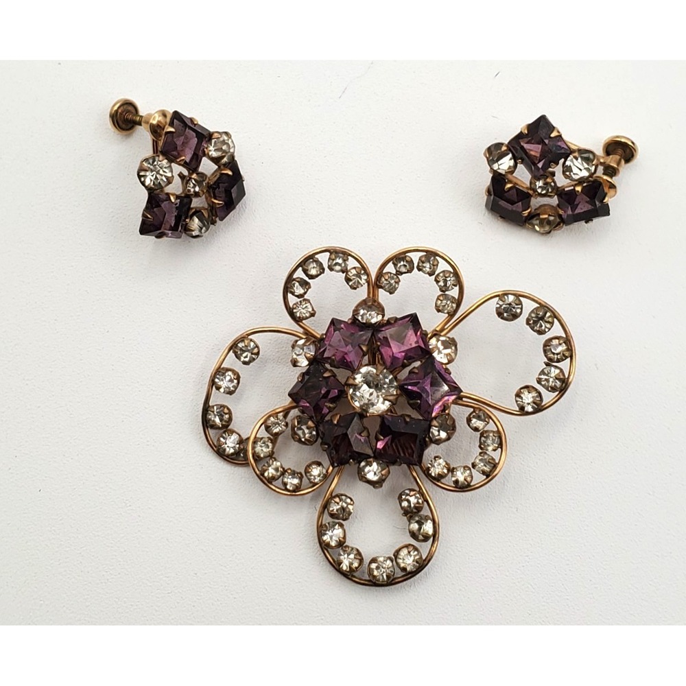 Vtg Gold Filled 1/20 12k Purple & Clear Rhinestone Brooch Pendant & Earring Set